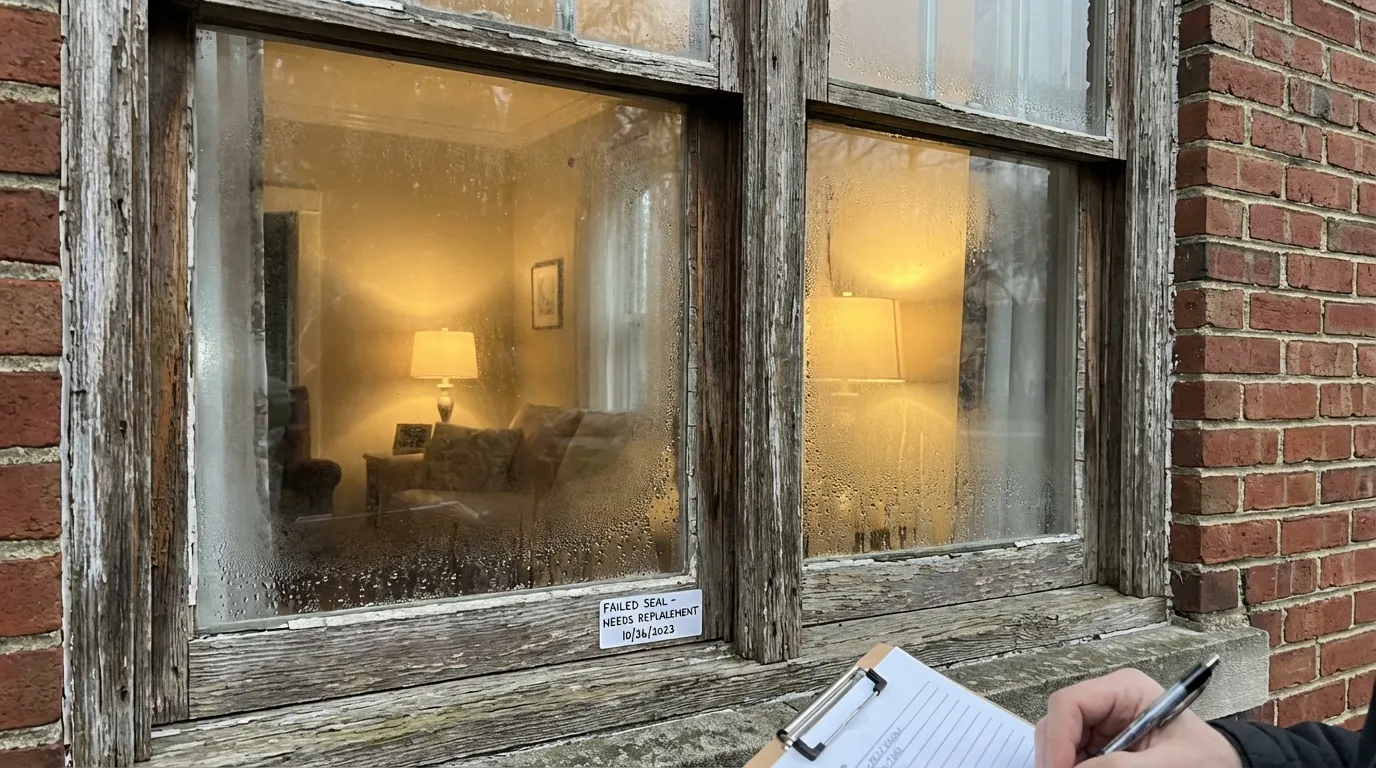 Close-up of a foggy, aging window on a Lebanon, Ohio home