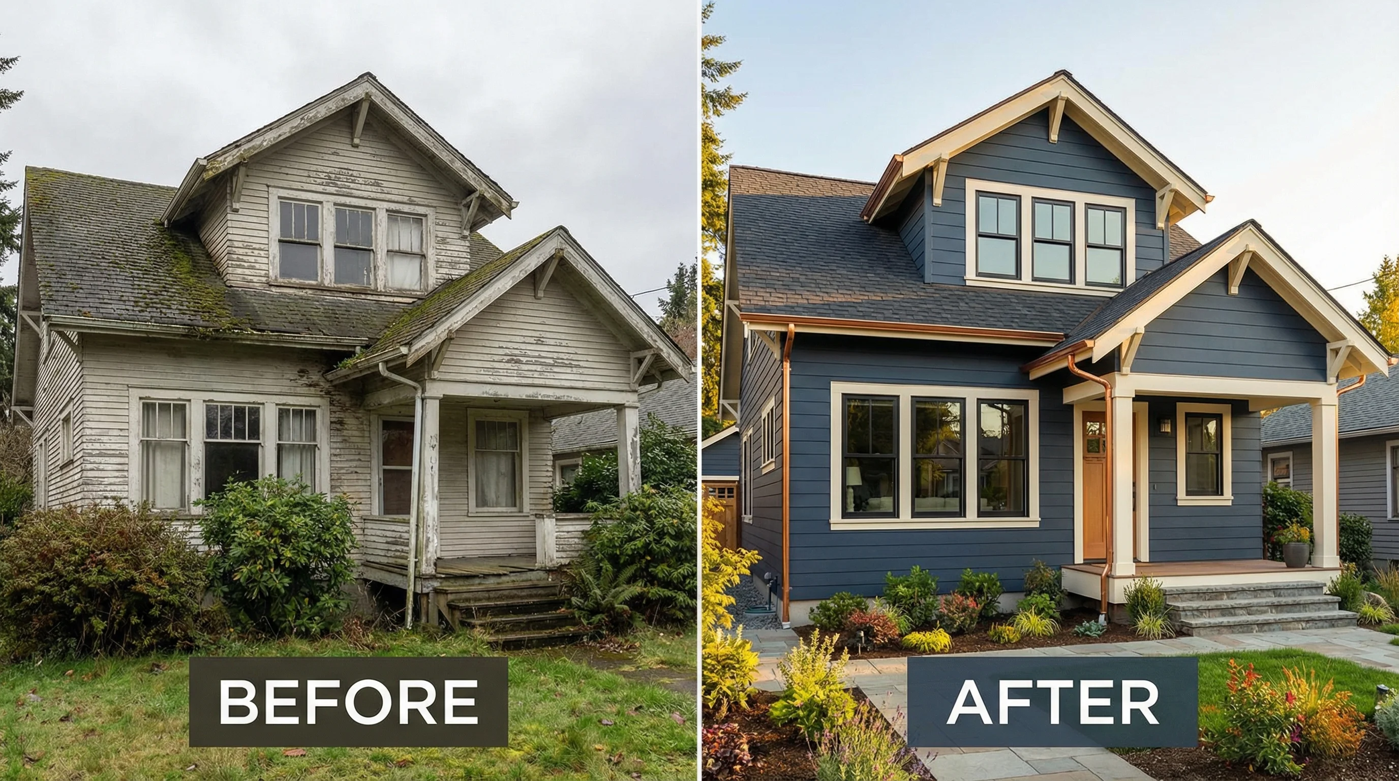 Before and after home exterior renovation
