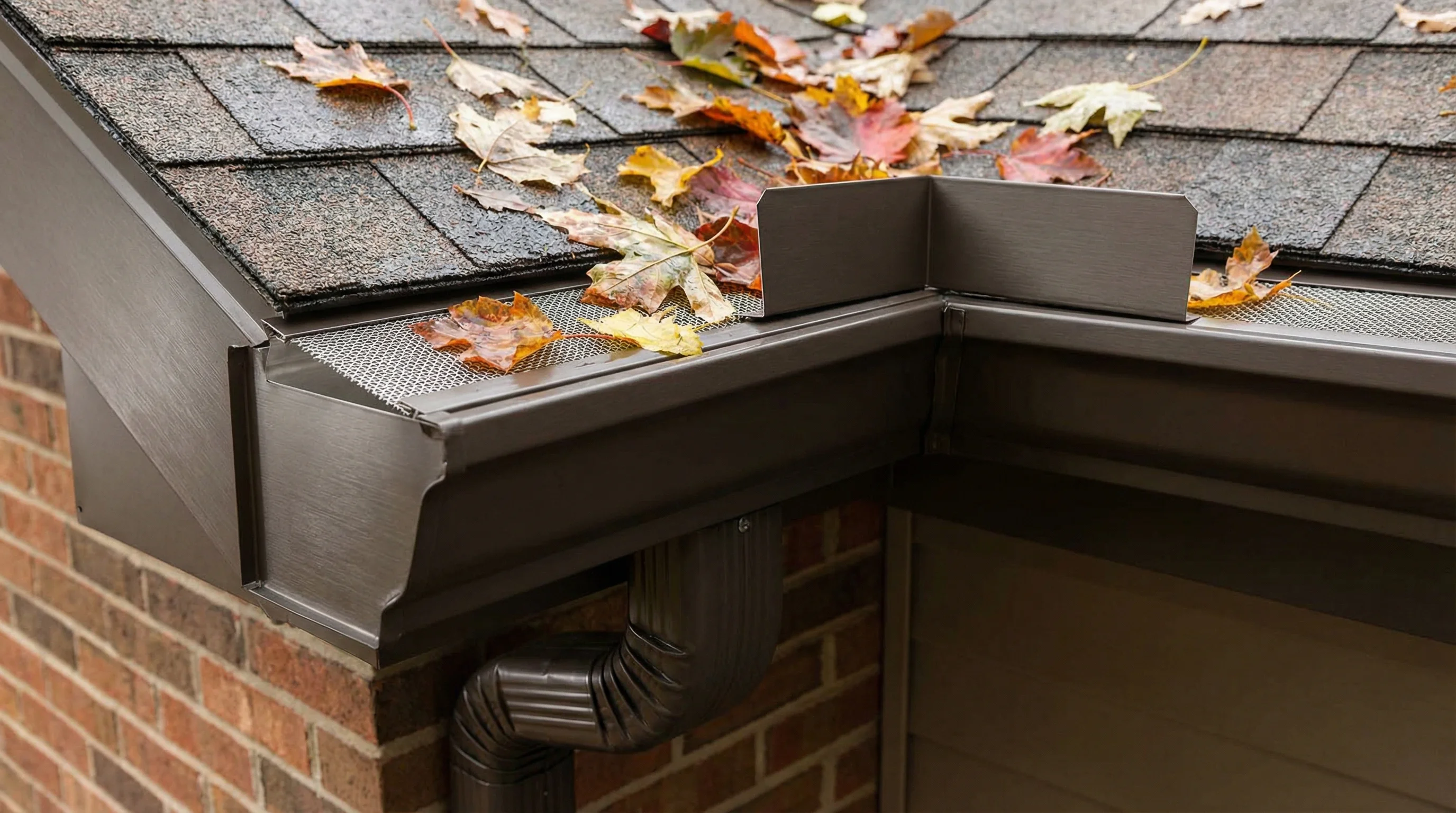 Professional seamless aluminum gutters with gutter guards protecting a home roofline